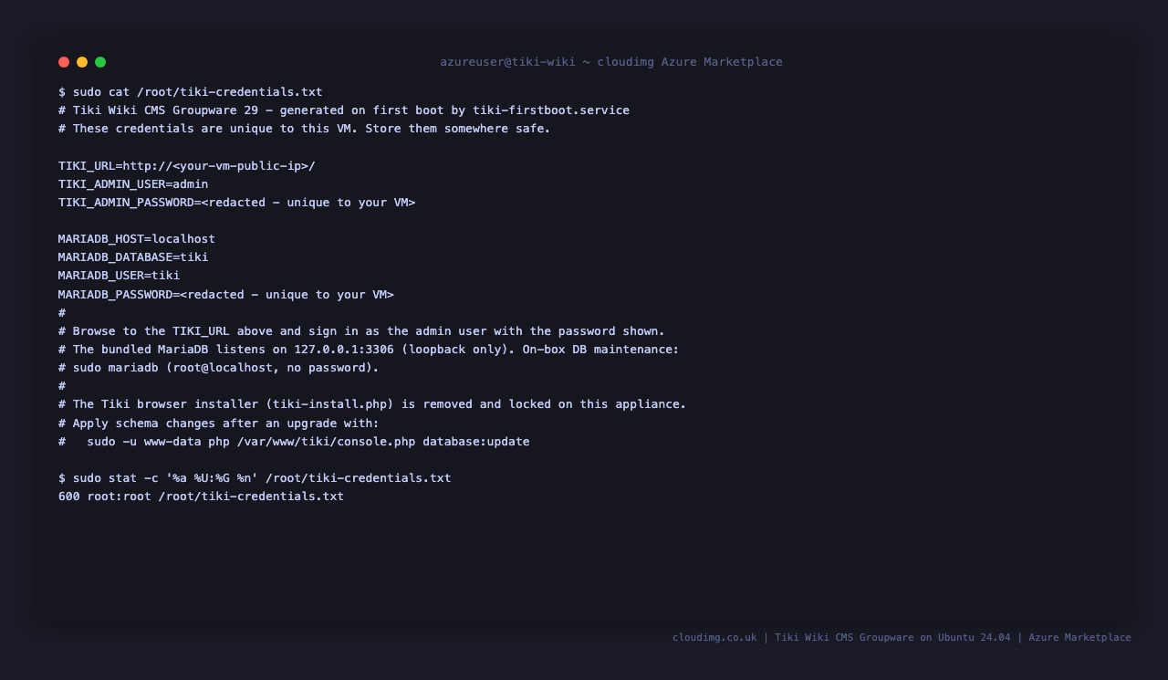 The per VM Tiki credentials file, showing the admin user, the site URL and the database settings, with the generated secrets redacted