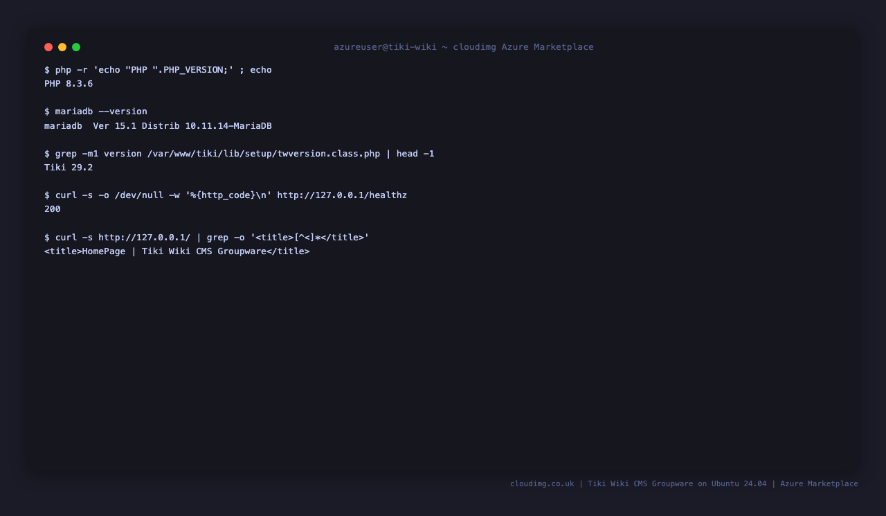 Tiki, PHP 8.3 and MariaDB versions, the healthz endpoint returning 200, and the live front page title