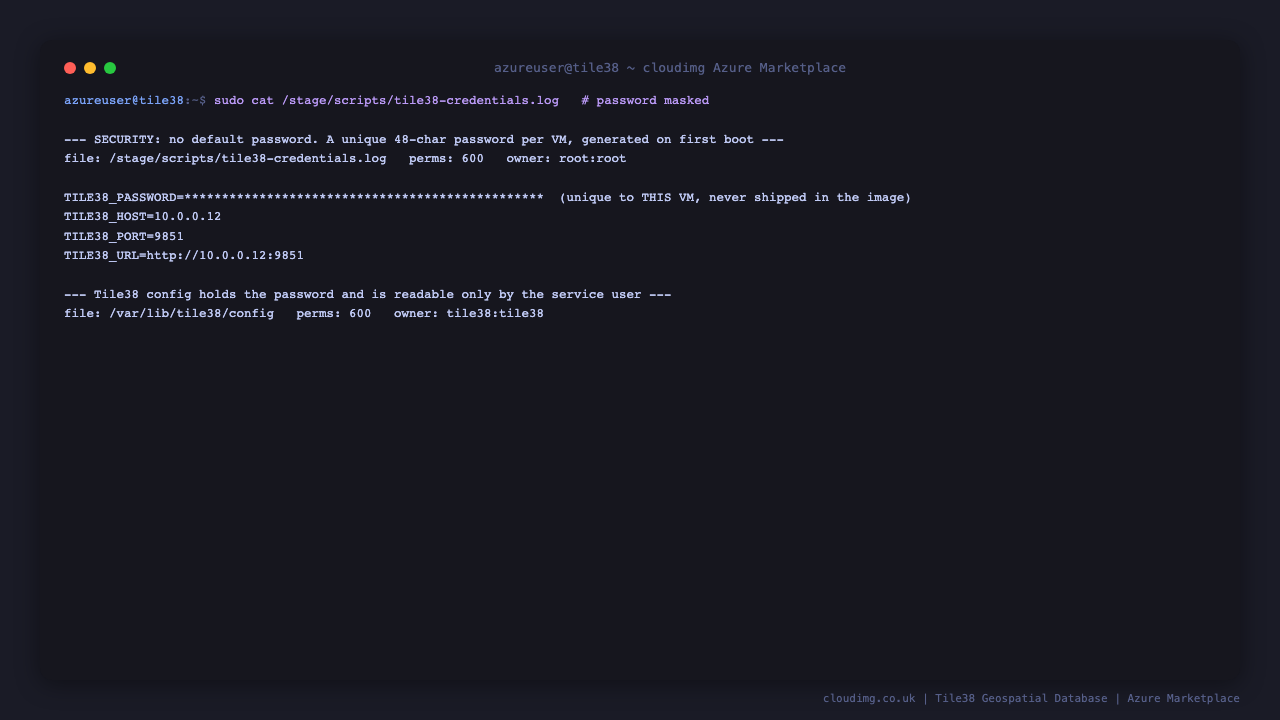 Per VM credentials file at mode 0600 with TILE38_PASSWORD, and tile38-server listening on port 9851