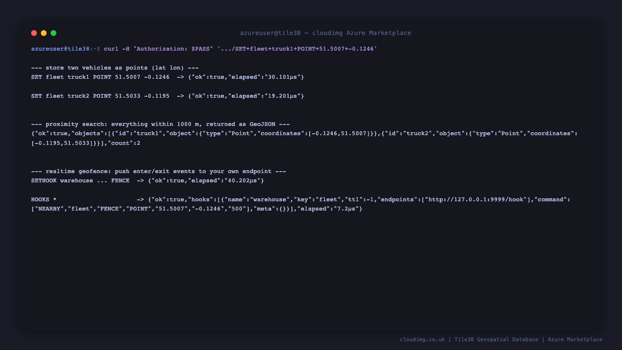 SET writing two points into the fleet collection, NEARBY returning both as GeoJSON with count 2, and tile38-cli authenticating via the TILE38_PASSWORD environment variable