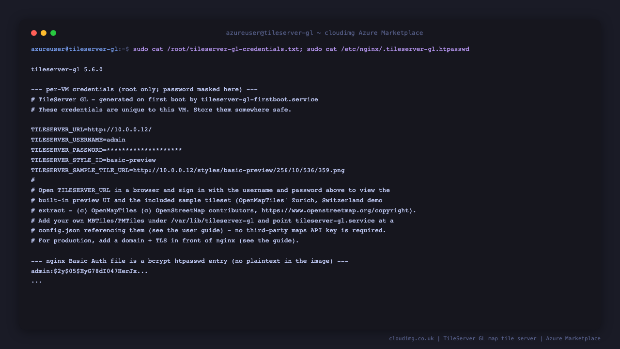 The per-VM credentials file with the generated admin password, the preview URL, the discovered style id and a ready-to-use sample tile URL