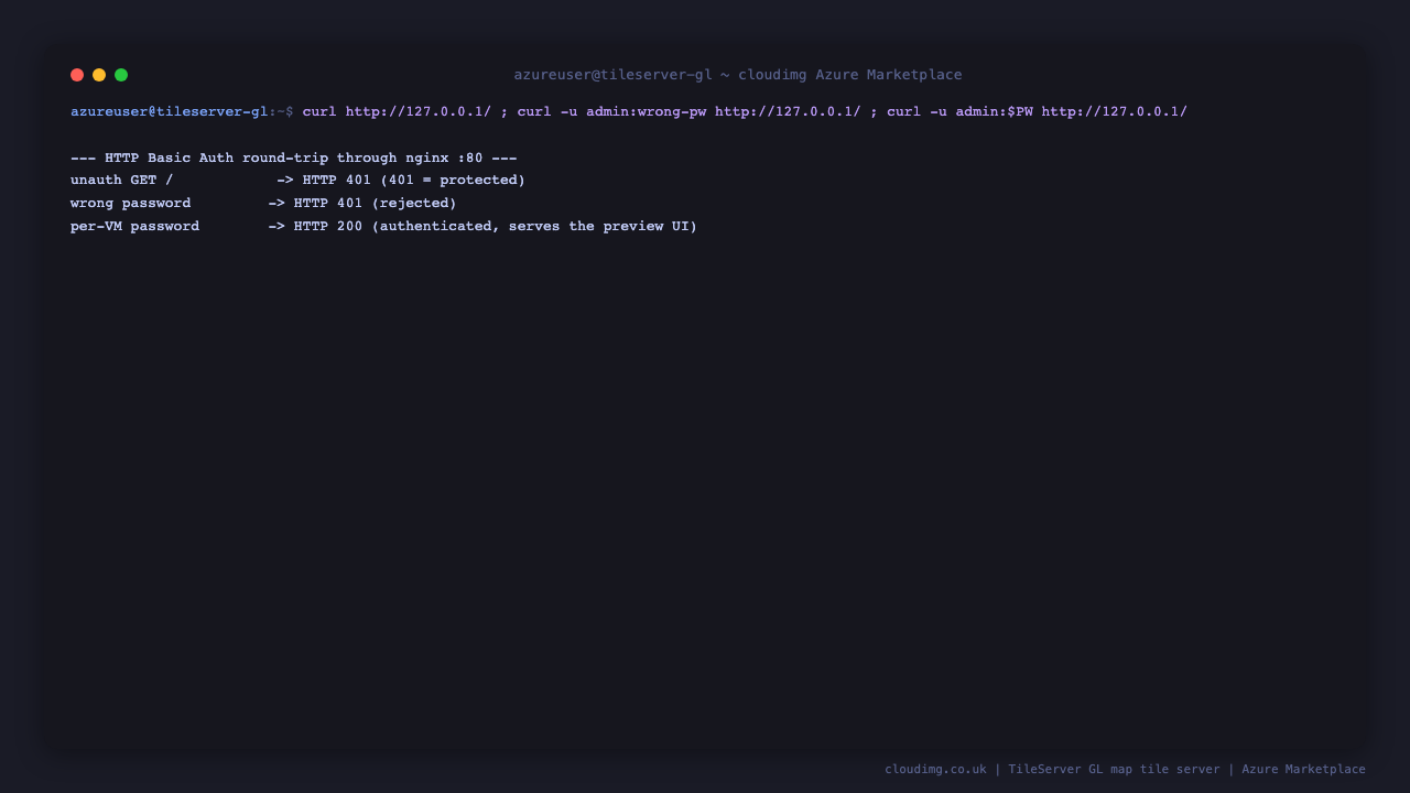 The HTTP Basic Auth round-trip on port 80 returning 401 unauthenticated, 401 for a wrong password, and 200 with the per-VM password serving the TileServer GL preview UI