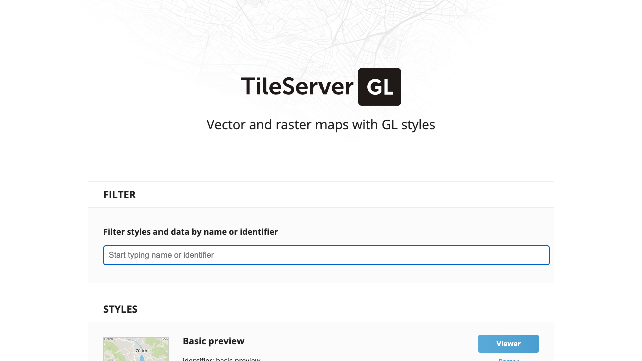 The TileServer GL preview UI home page listing the Zurich sample data source and the bundled MapLibre GL styles registered against it, behind the HTTP Basic Auth prompt
