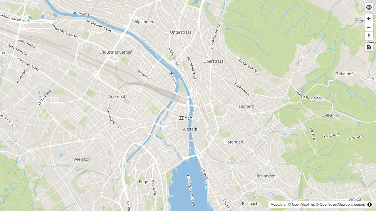 An interactive MapLibre GL JS map view zoomed into central Zurich, showing rendered roads, buildings and water from the sample vector tileset