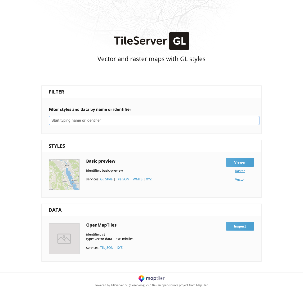 The TileServer GL data and styles listing page enumerating the registered Zurich data source and its associated MapLibre GL styles