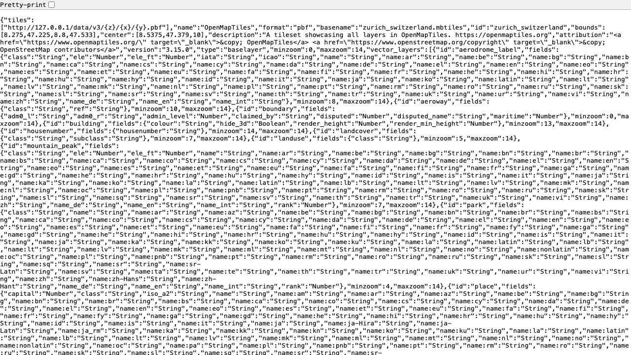 The TileJSON document for the sample data source, showing its tile URL template, bounds, zoom range and OpenMapTiles/OpenStreetMap attribution, viewed in the browser