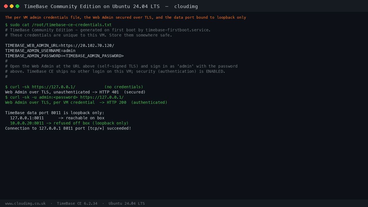 The per VM TimeBase credentials file showing the admin user and Web Admin URL with the password redacted, the Web Admin returning HTTP 401 without a credential and HTTP 200 with it, and the native port 8011 reachable on loopback but refused on the routable address