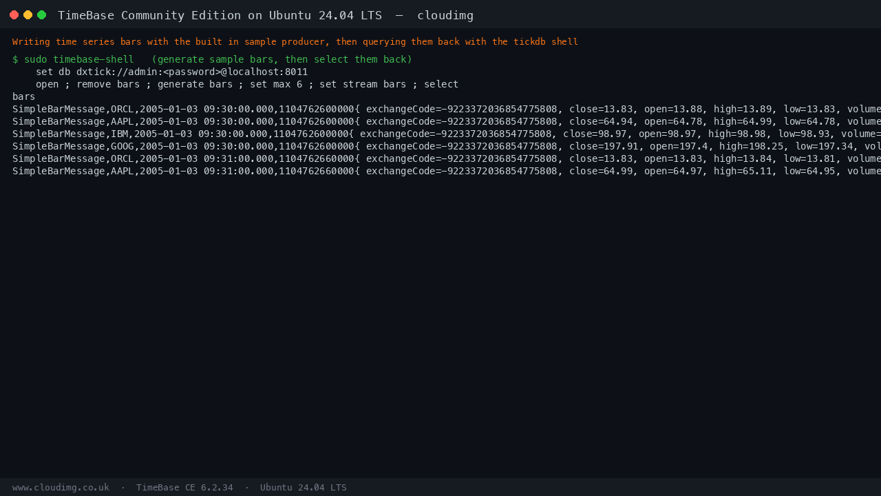 The tickdb shell generating the bars stream and selecting the SimpleBarMessage rows back, each showing a symbol, timestamp and the open, high, low, close and volume fields