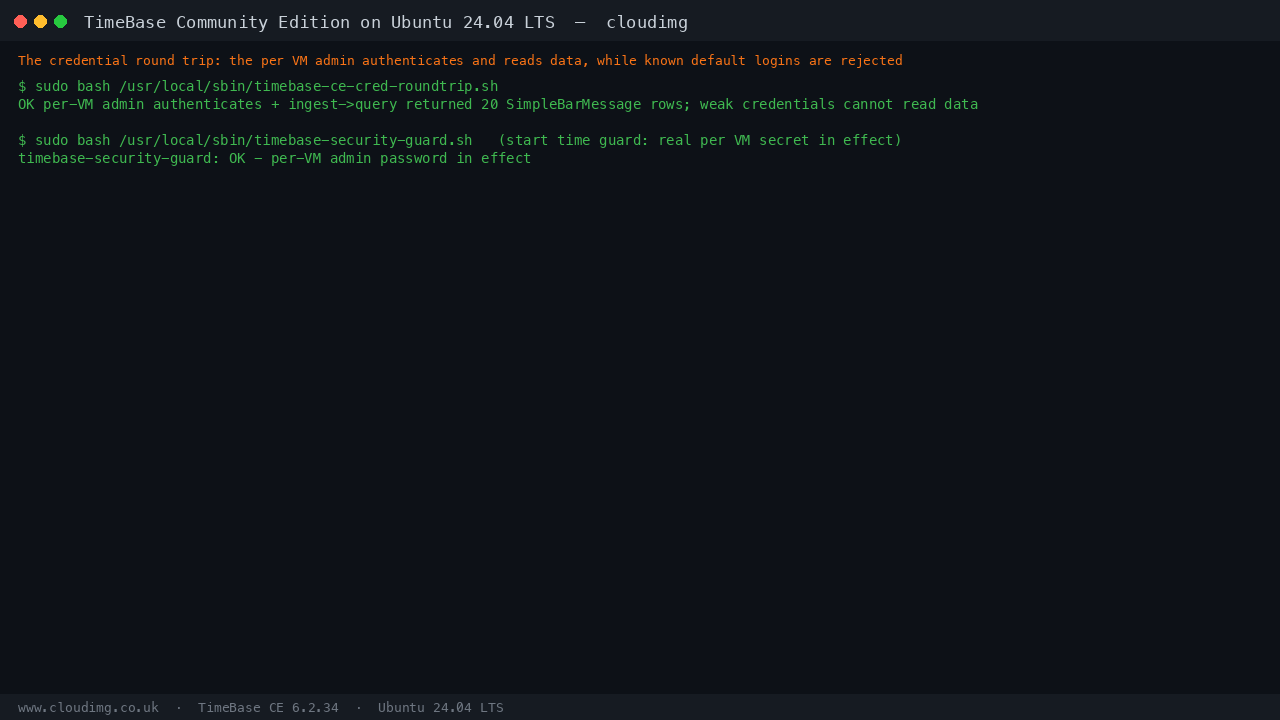 The TimeBase credential round trip confirming the per VM admin authenticates and reads the bars stream while known default logins cannot read the data, and the start time security guard confirming a real per VM secret is in effect