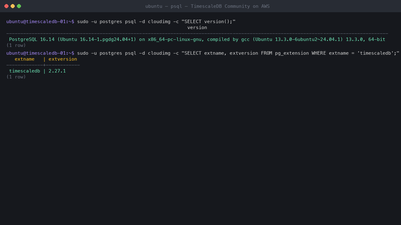 A psql session printing the PostgreSQL server version and the TimescaleDB extension version