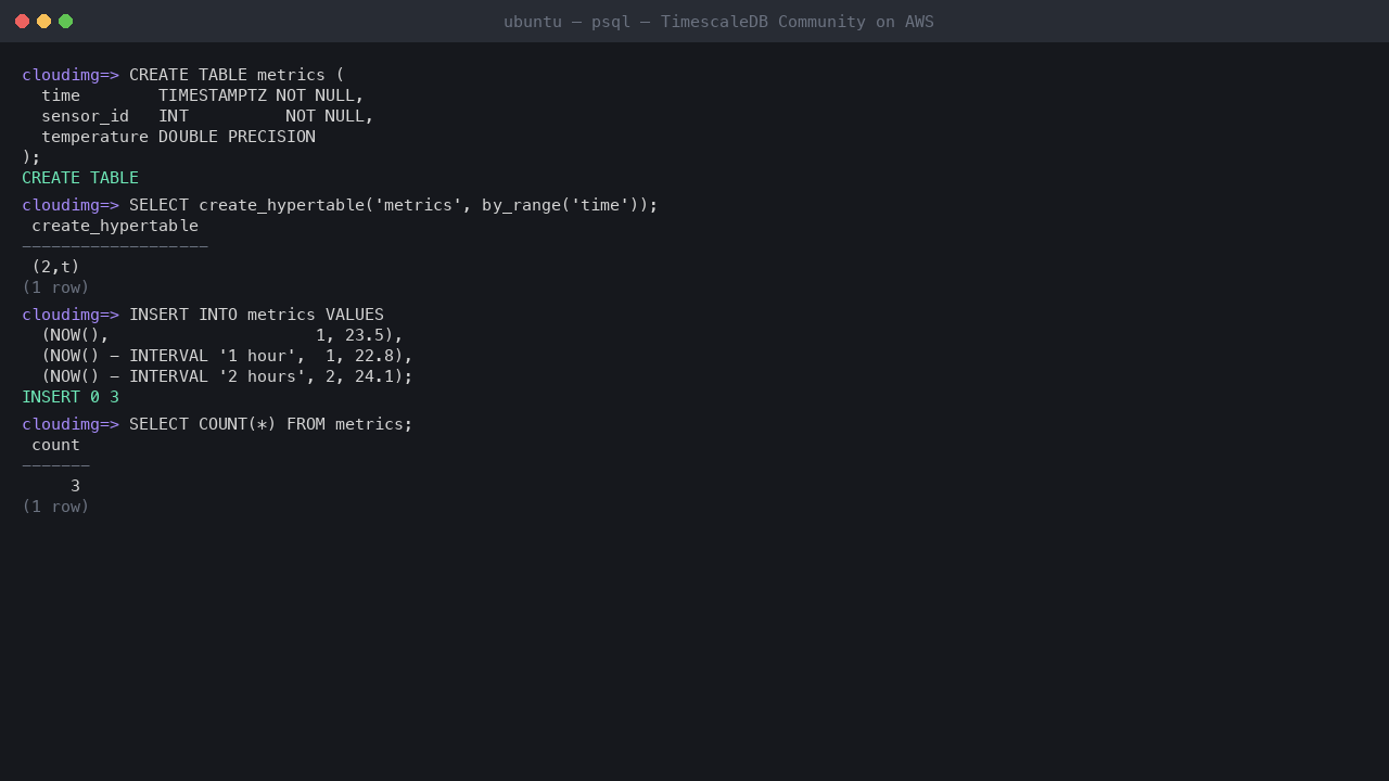 A psql session creating a TimescaleDB hypertable and inserting rows