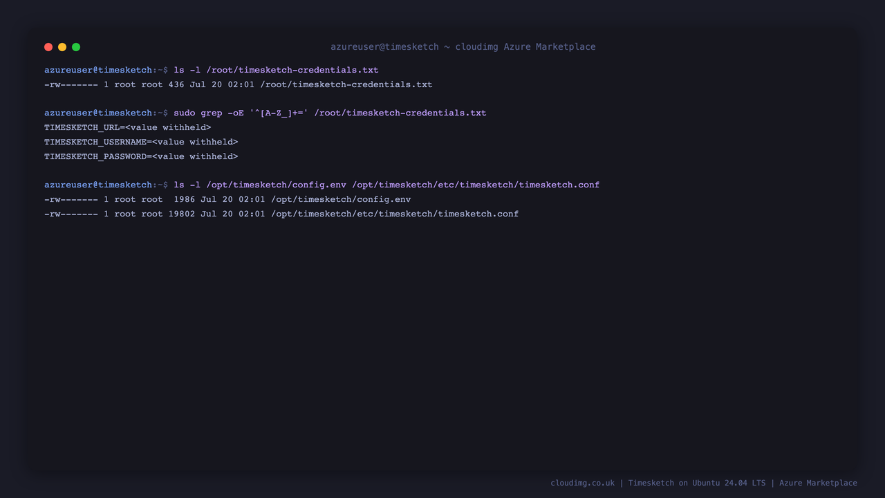 The timesketch-credentials.txt file listed at mode 0600 root root, alongside the credential key names only with their values withheld, and the running configuration files also at 0600