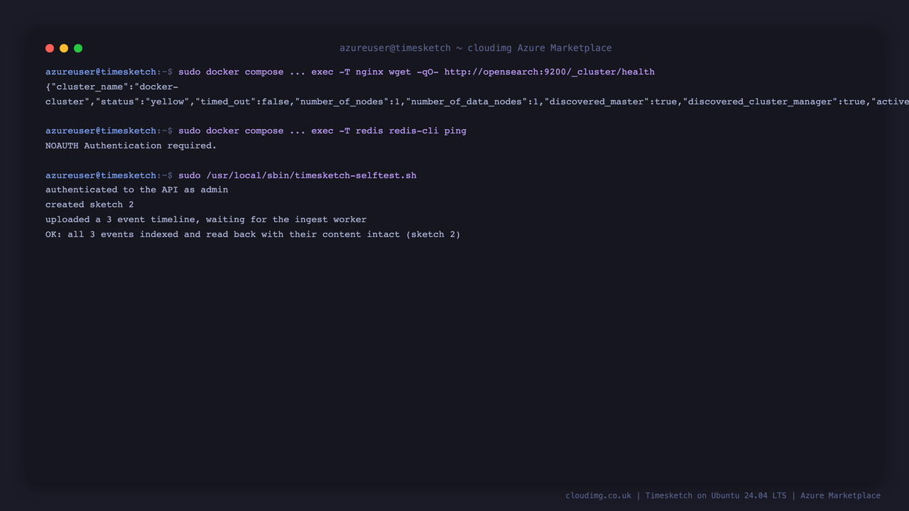 OpenSearch reporting a healthy cluster status from inside the container network, and Redis rejecting an unauthenticated ping with NOAUTH Authentication required