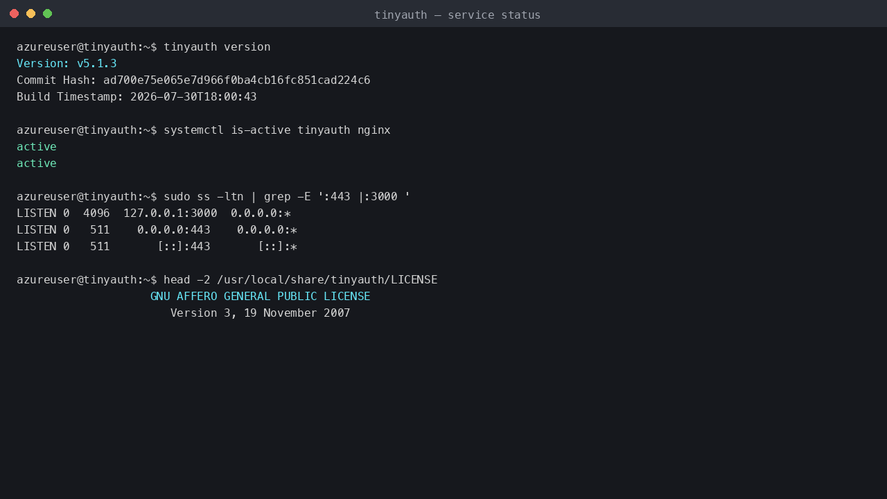Tinyauth and nginx active; the server is bound to loopback only, and the AGPL-3.0 licence ships with the image