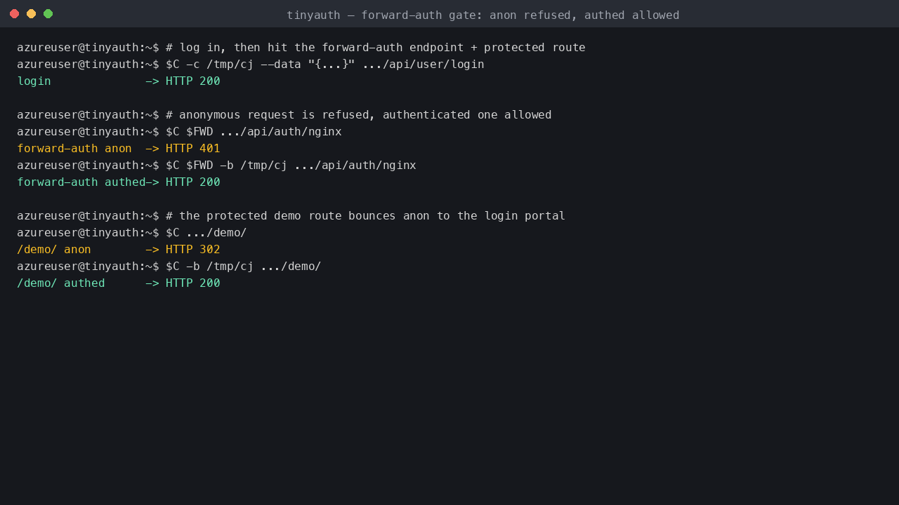 The forward-auth endpoint returns 401 without a session and 200 with one; the protected /demo/ route redirects anonymous visitors to the login portal and serves the page once authenticated