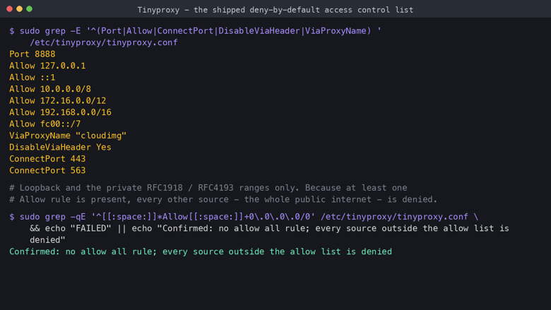 The shipped deny by default access control list