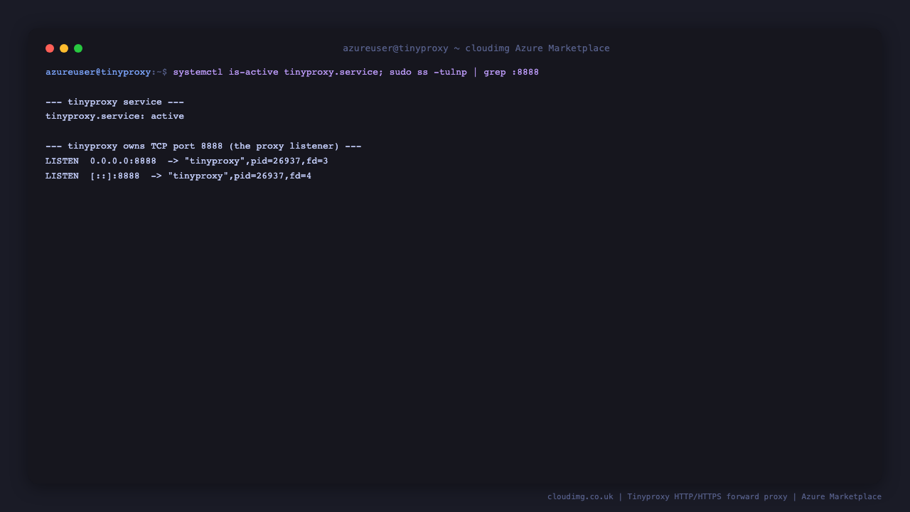 tinyproxy.service reports active, and ss shows the tinyproxy process listening on TCP port 8888, confirming the forward proxy is up and ready to accept authenticated client connections