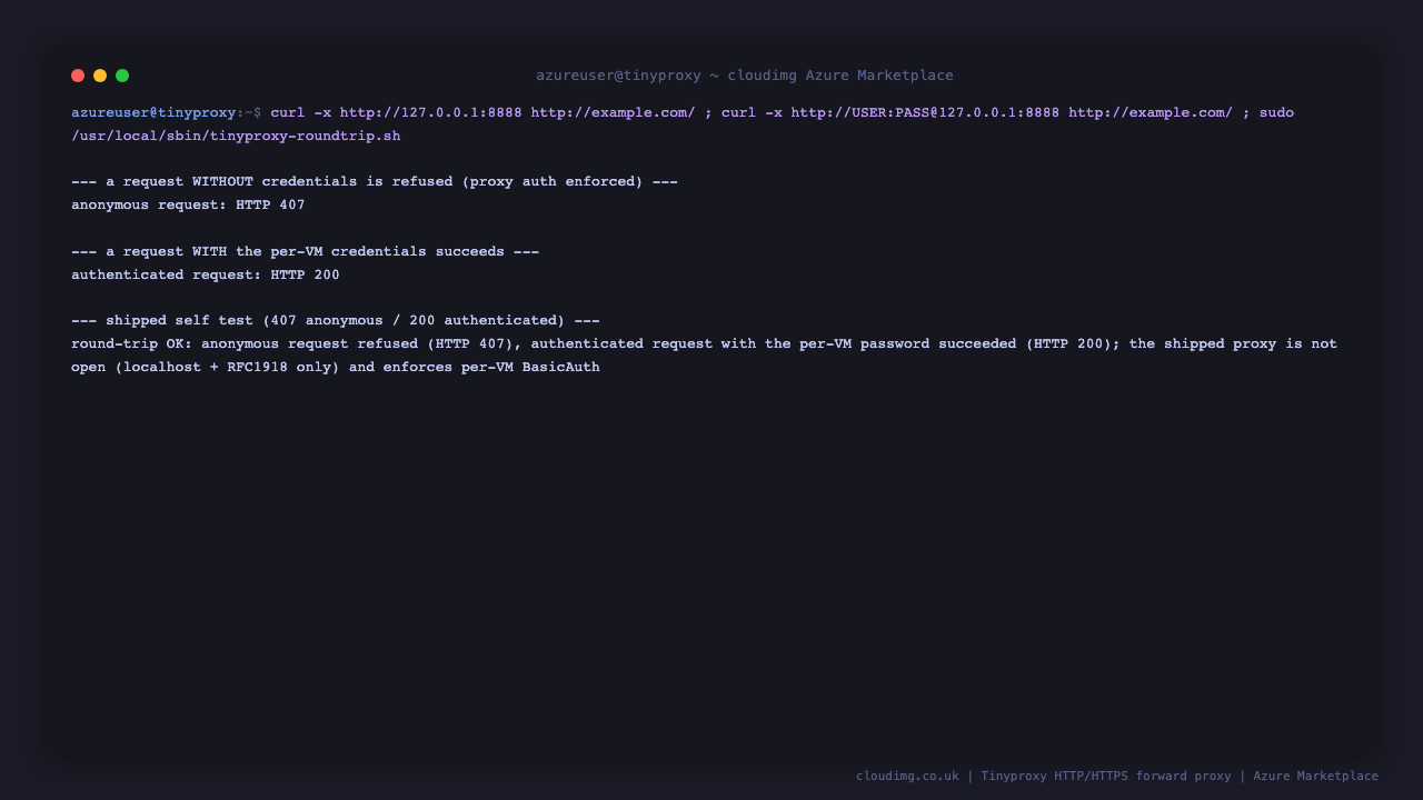 A request through the proxy without credentials is refused with HTTP 407, a request with the per-VM username and password returns HTTP 200, and the tinyproxy-roundtrip self test confirms the anonymous request was refused and the authenticated request succeeded, proving proxy authentication is enforced