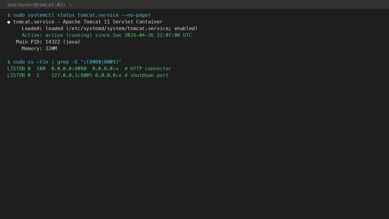 tomcat.service active (running) with HTTP 8080 on 0.0.0.0 and shutdown port 8005 on 127.0.0.1
