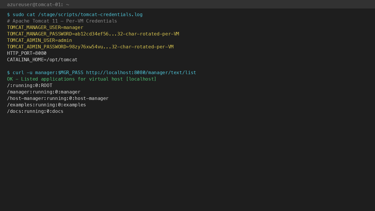 /stage/scripts/tomcat-credentials.log shows per-VM manager + admin passwords; manager API /text/list returns OK and lists all 5 default web apps