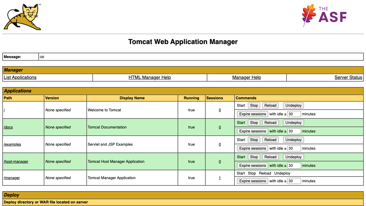 Tomcat Manager web app dashboard showing the 5 default web apps deployed and running, with a WAR file upload form for deploying new applications
