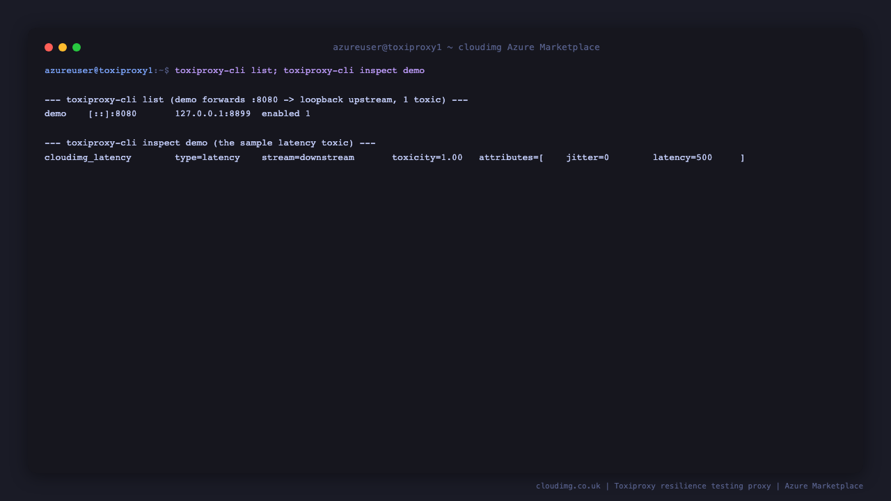 The toxiproxy CLI lists the demo proxy forwarding port 8080 to the loopback upstream with one toxic enabled, and inspecting it shows the sample cloudimg latency toxic injecting 500 milliseconds of downstream latency