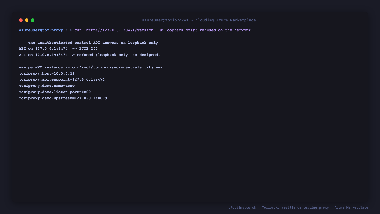 The control API returns HTTP 200 on the loopback address but the connection is refused on the virtual machine's own network address, proving the unauthenticated Toxiproxy control API is bound to loopback only and is never exposed to the network