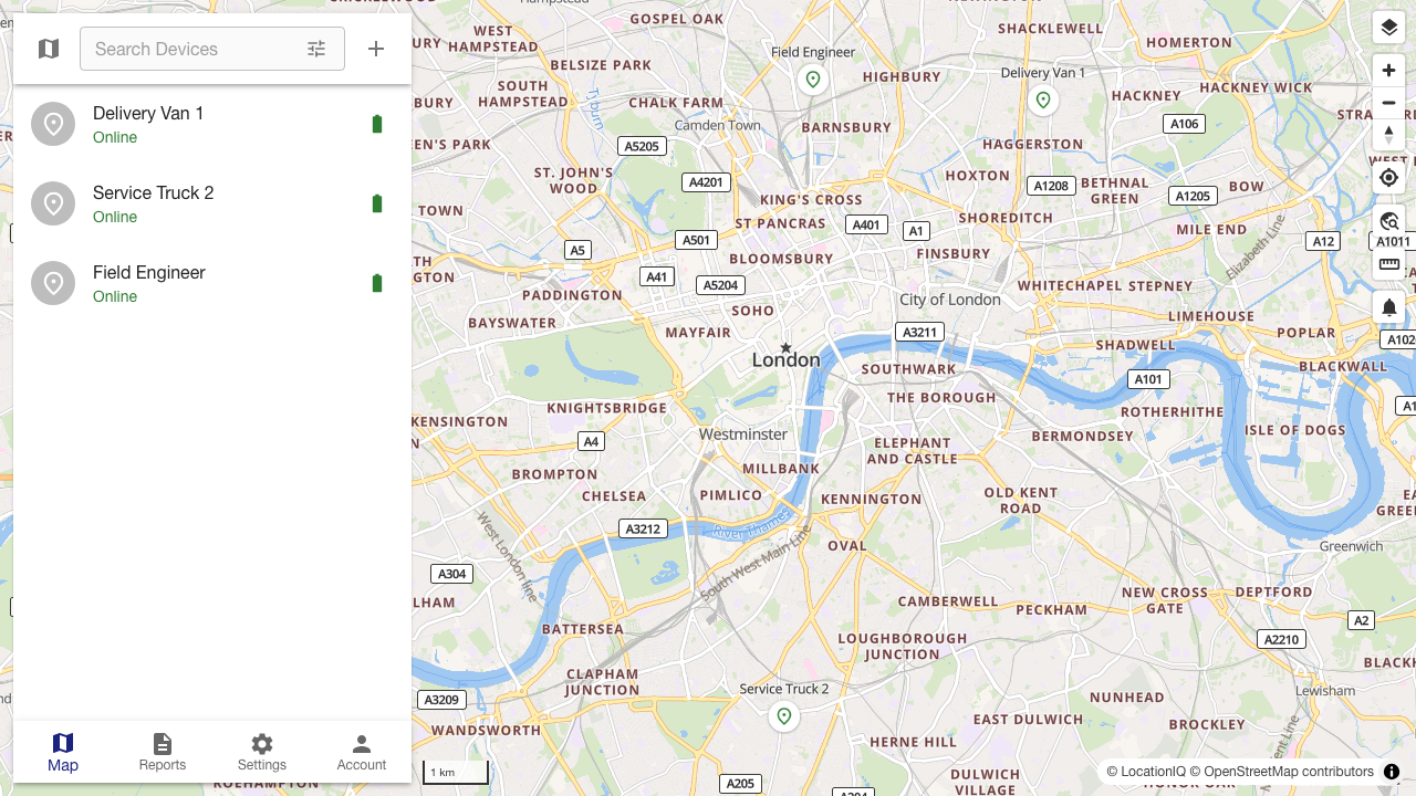 The Traccar live map with a small fleet reporting