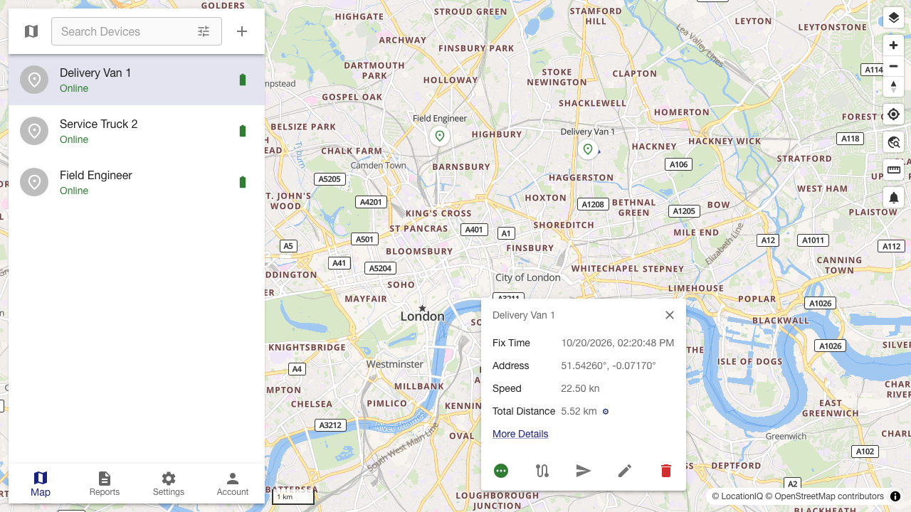 A device's live status card on the map