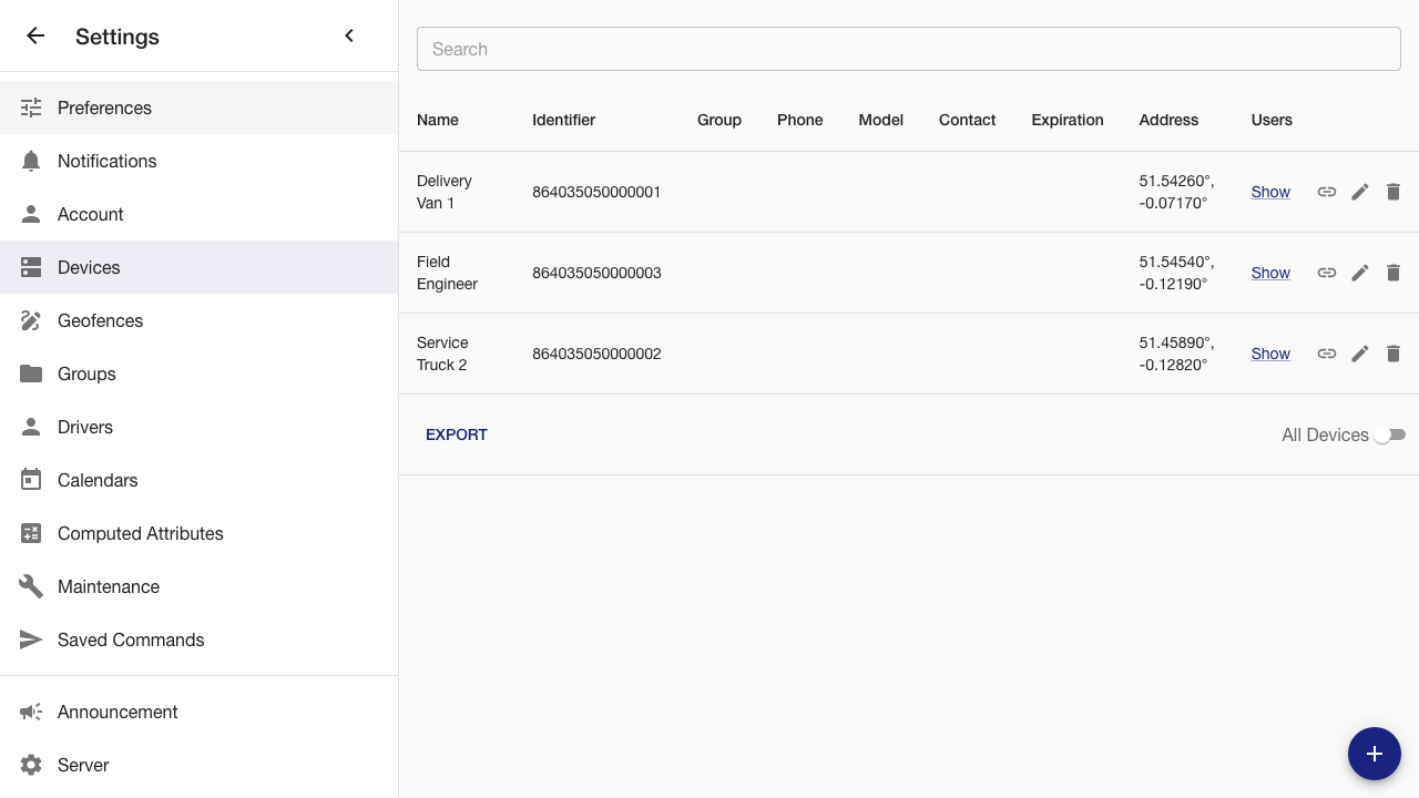 The device register with each tracker's identifier and last position