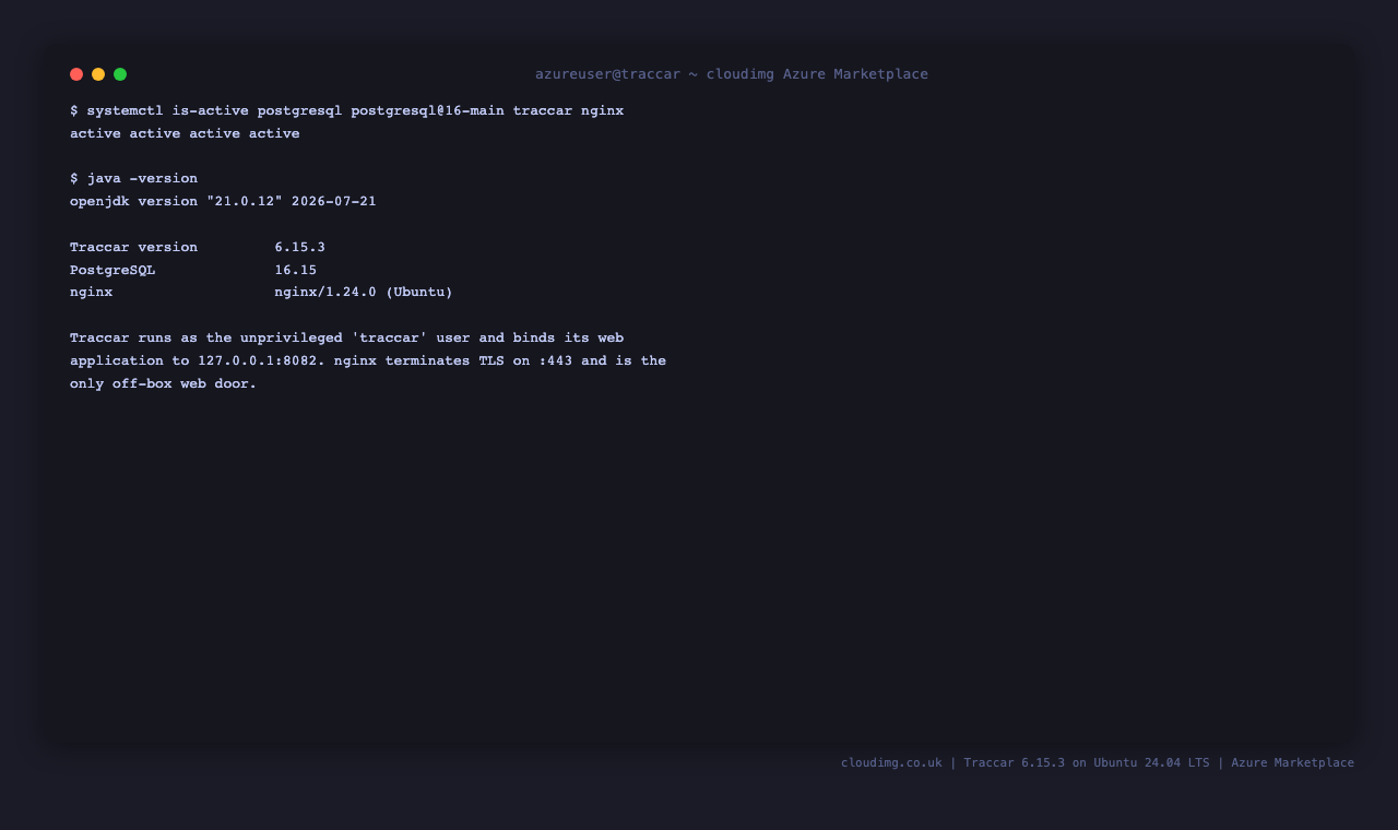 The Traccar stack running, with the Java, PostgreSQL and nginx versions