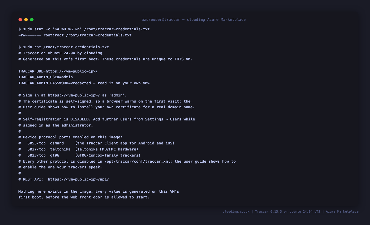 The per-VM credentials file, root-only, written on first boot