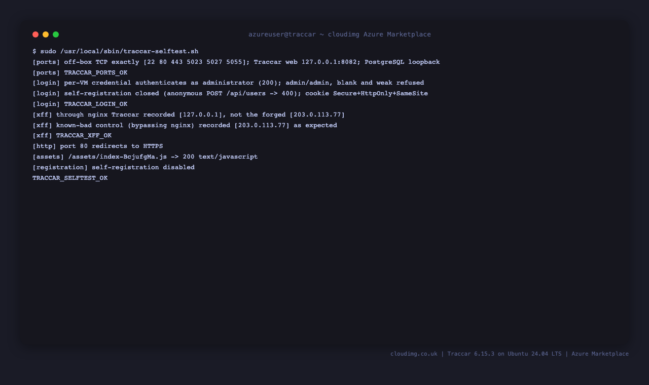 The appliance self-test proving the per-VM credential works and the defaults are refused
