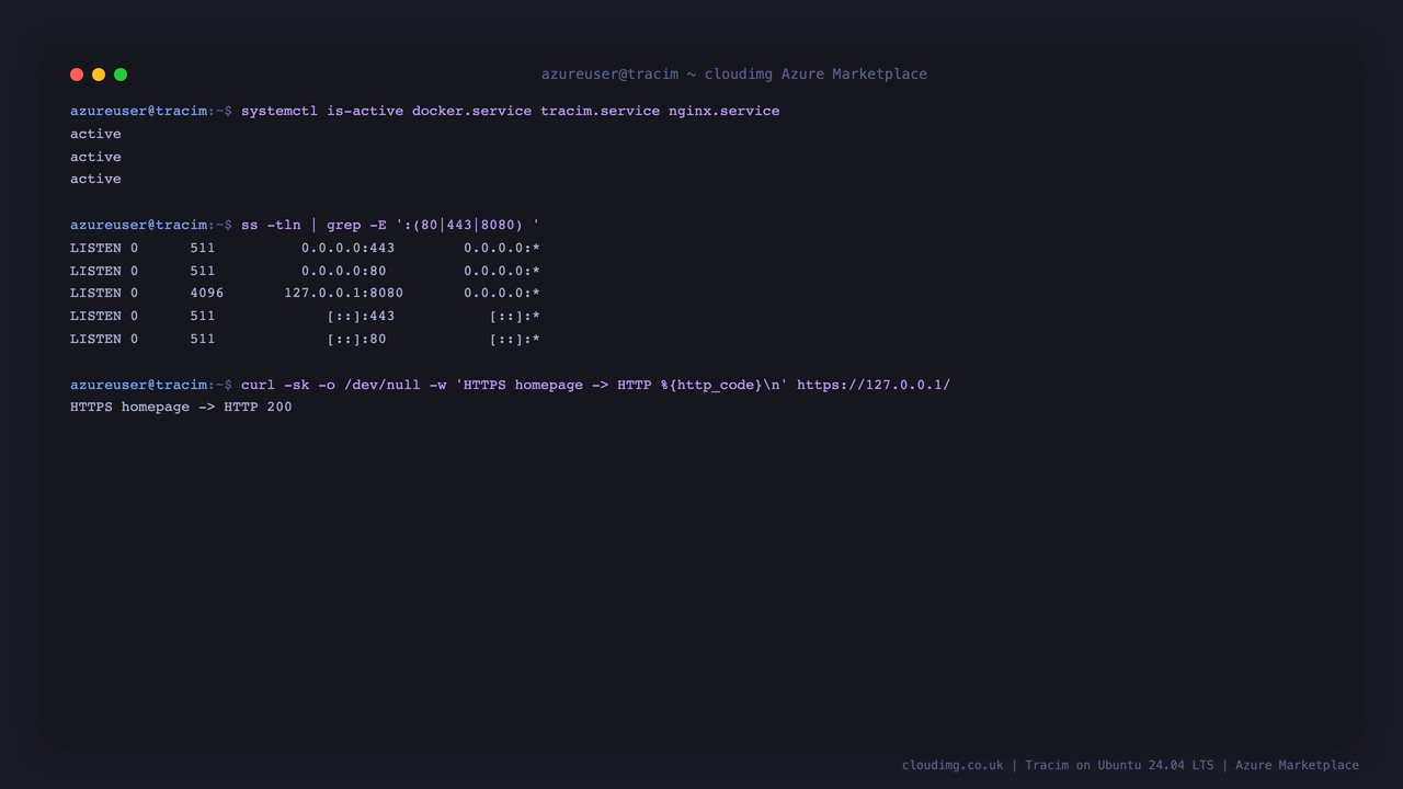 Tracim services, loopback + nginx binding, and HTTPS health on the VM