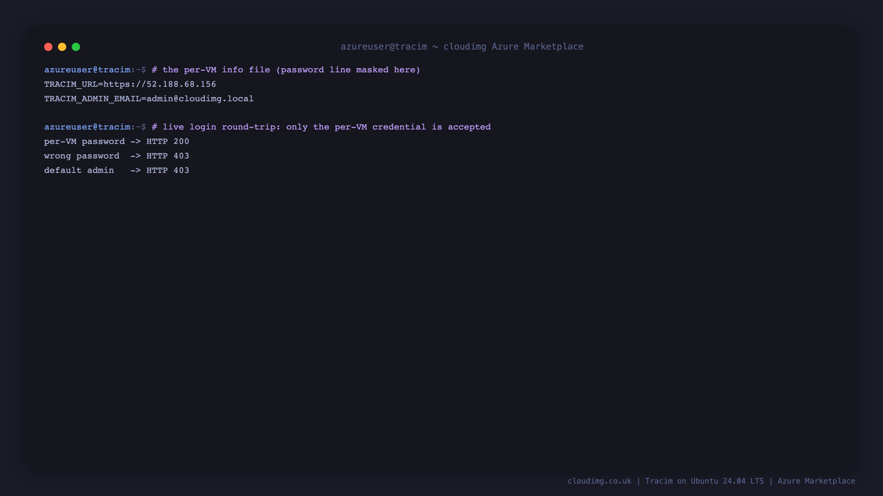 Secure by default: the per-VM info file and a live login round-trip
