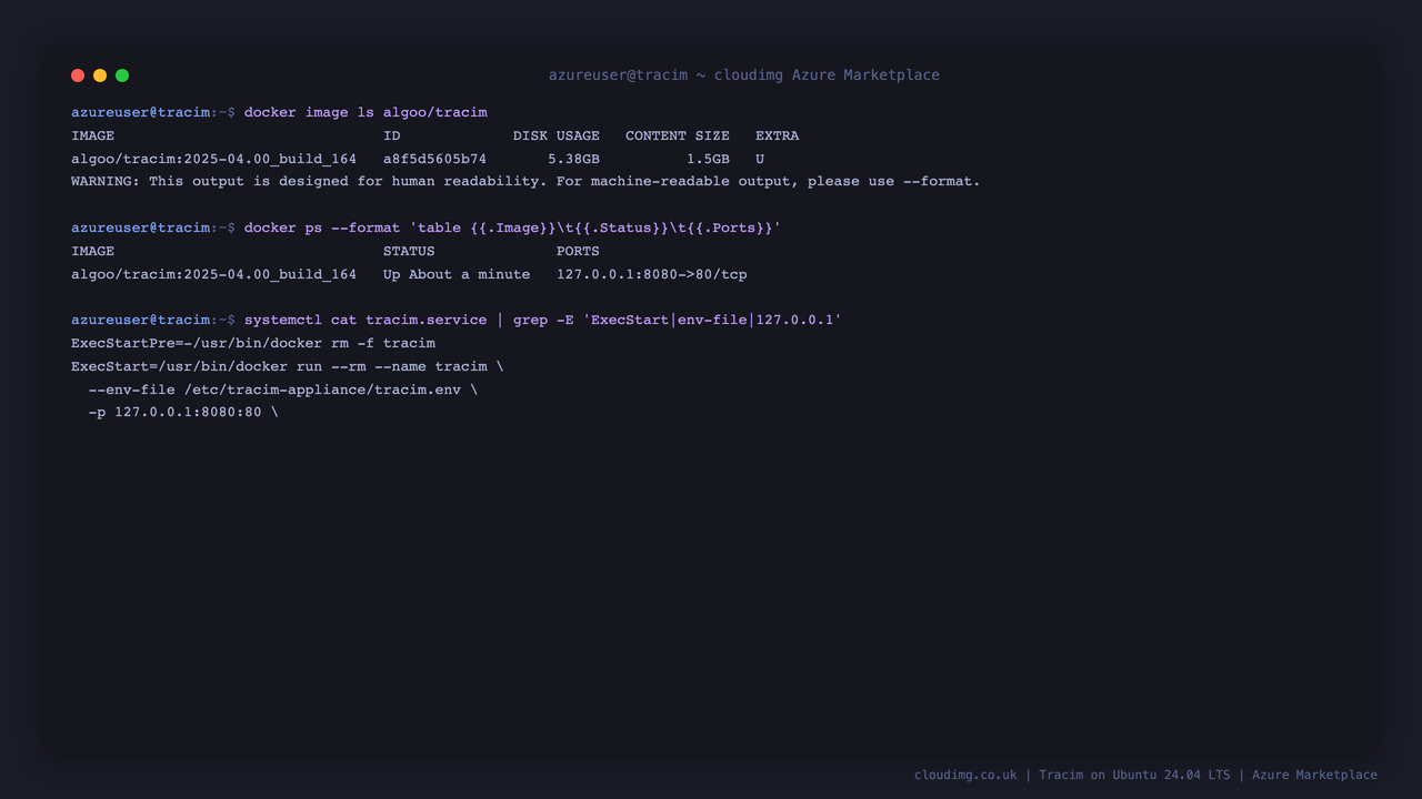 The pinned Tracim container image and the loopback-published service