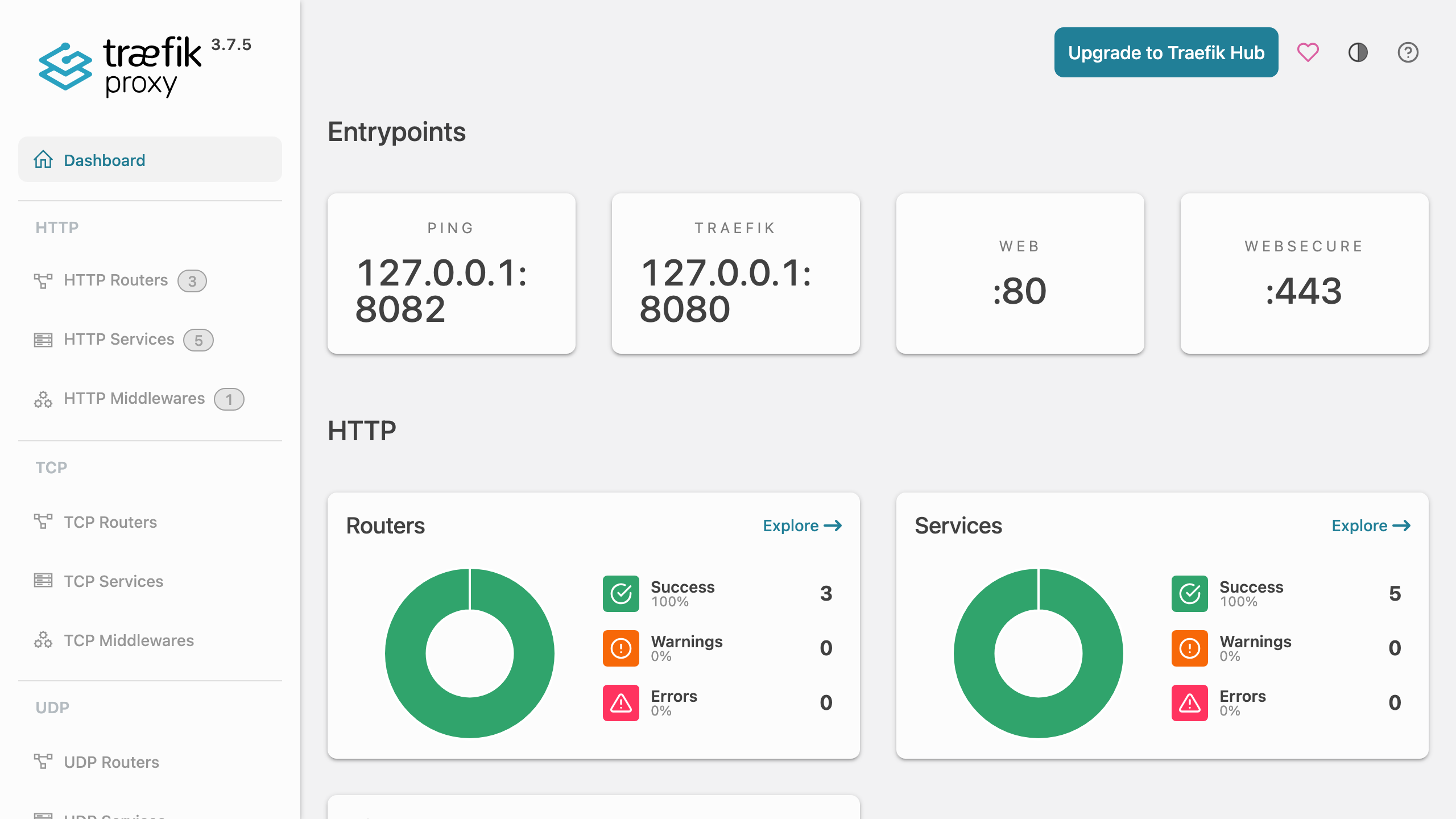 The Traefik dashboard home showing entrypoints and the HTTP routers and services overview