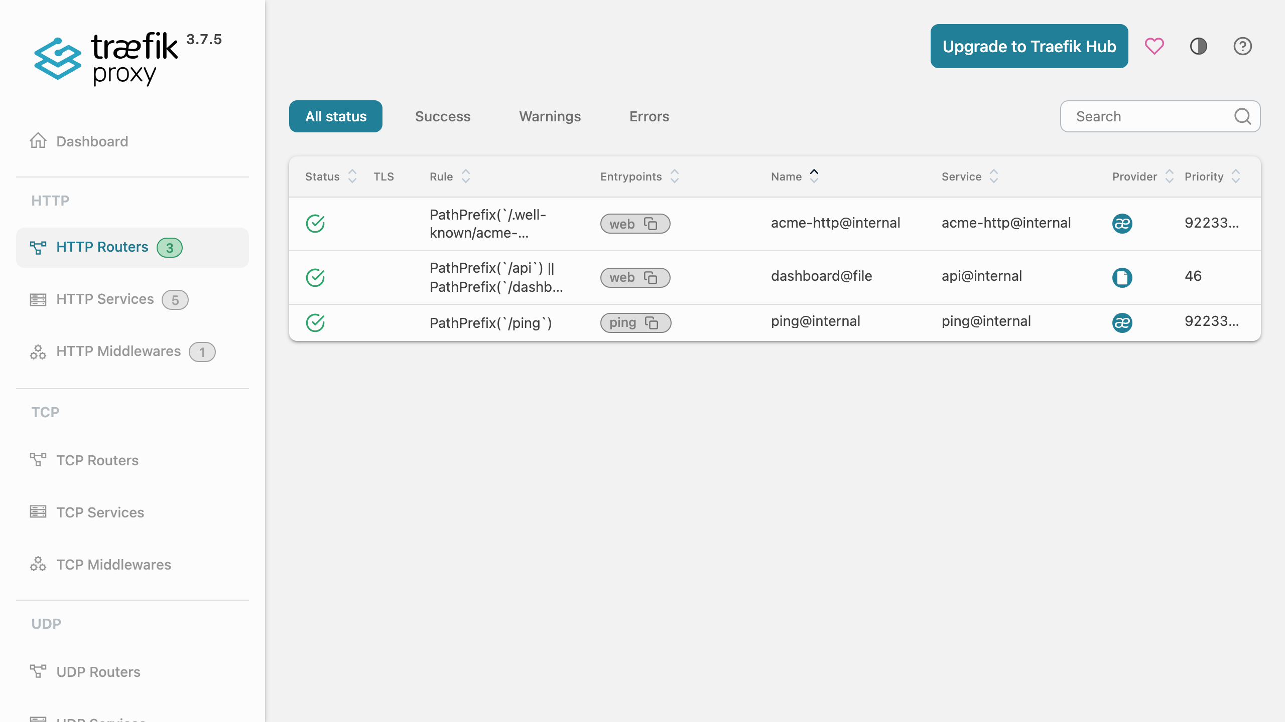 The Traefik dashboard HTTP routers view listing the configured routers and their rules