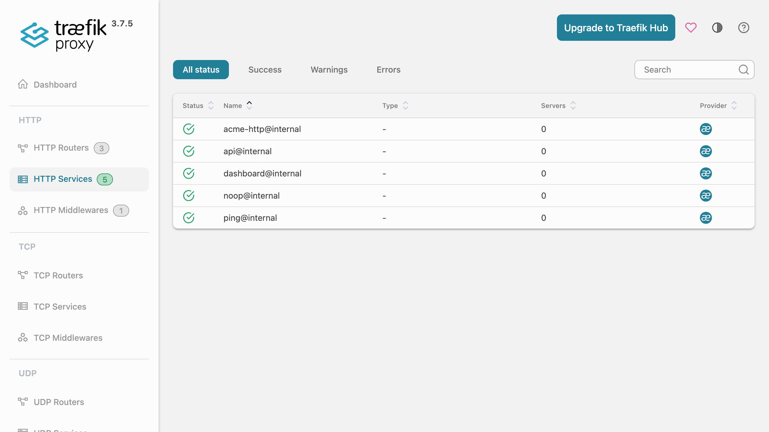 The Traefik dashboard HTTP services view showing the backend services and their status