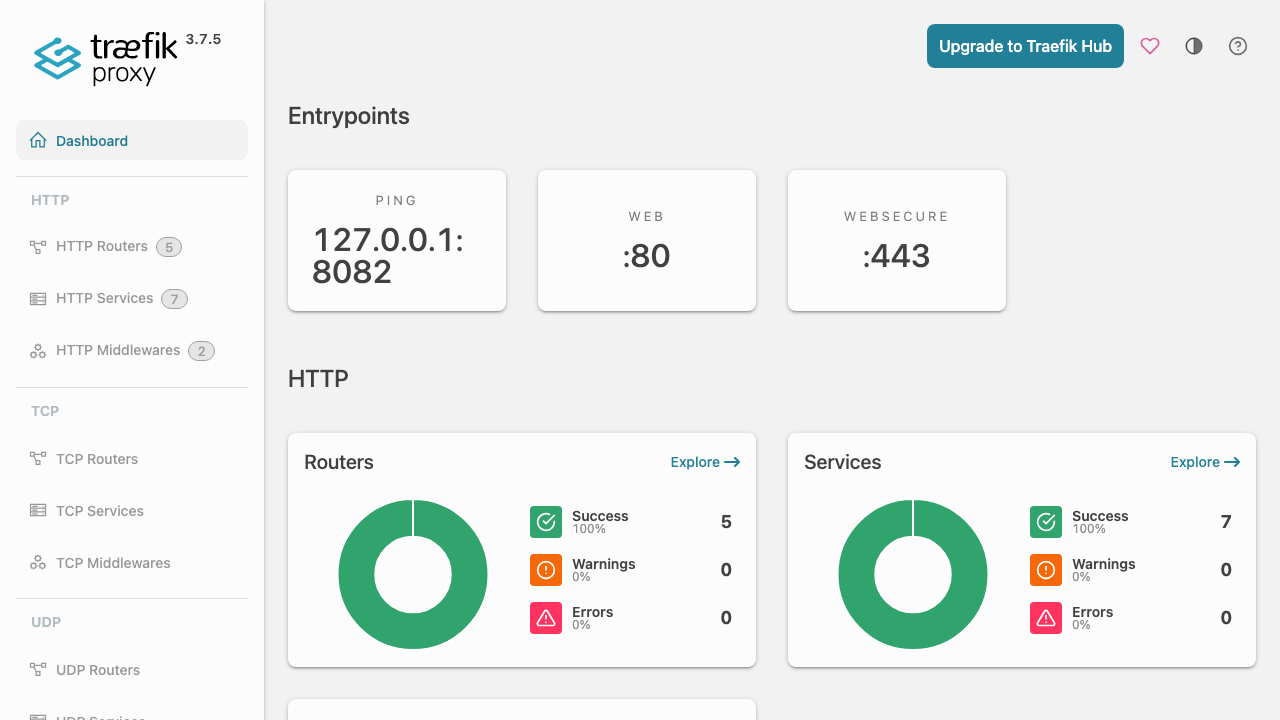 Traefik dashboard overview - entrypoints, routers, services and middlewares