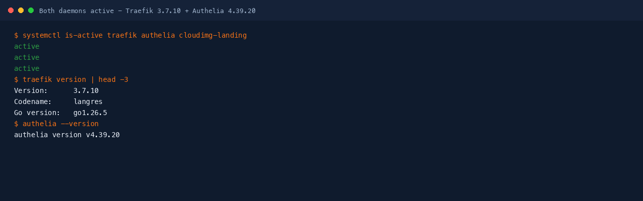 Traefik and Authelia service status and versions on the cloudimg appliance