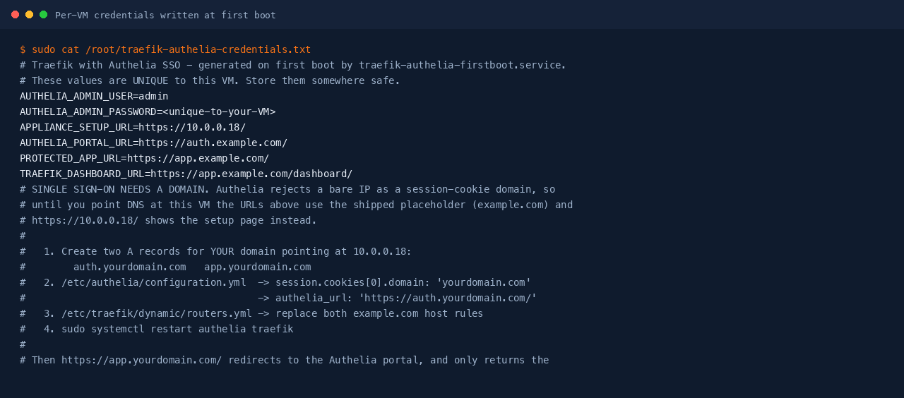 The per-VM credentials file written on first boot