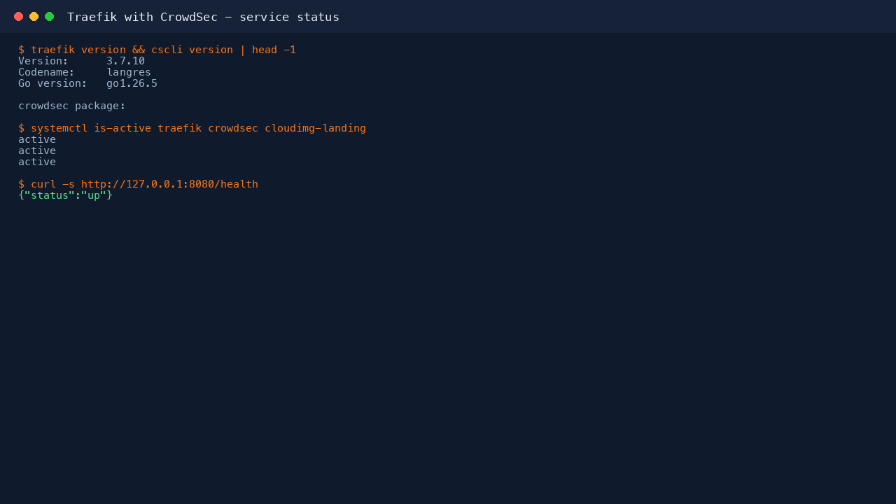 Traefik and CrowdSec service status and versions on the cloudimg appliance