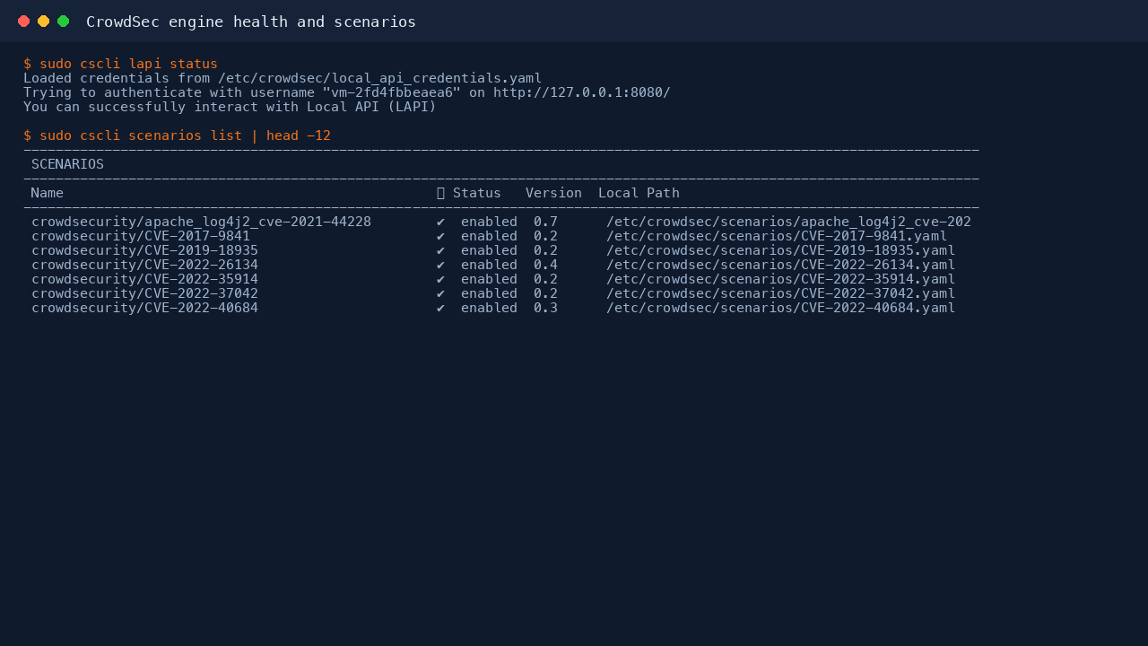 CrowdSec engine health and the loaded scenarios