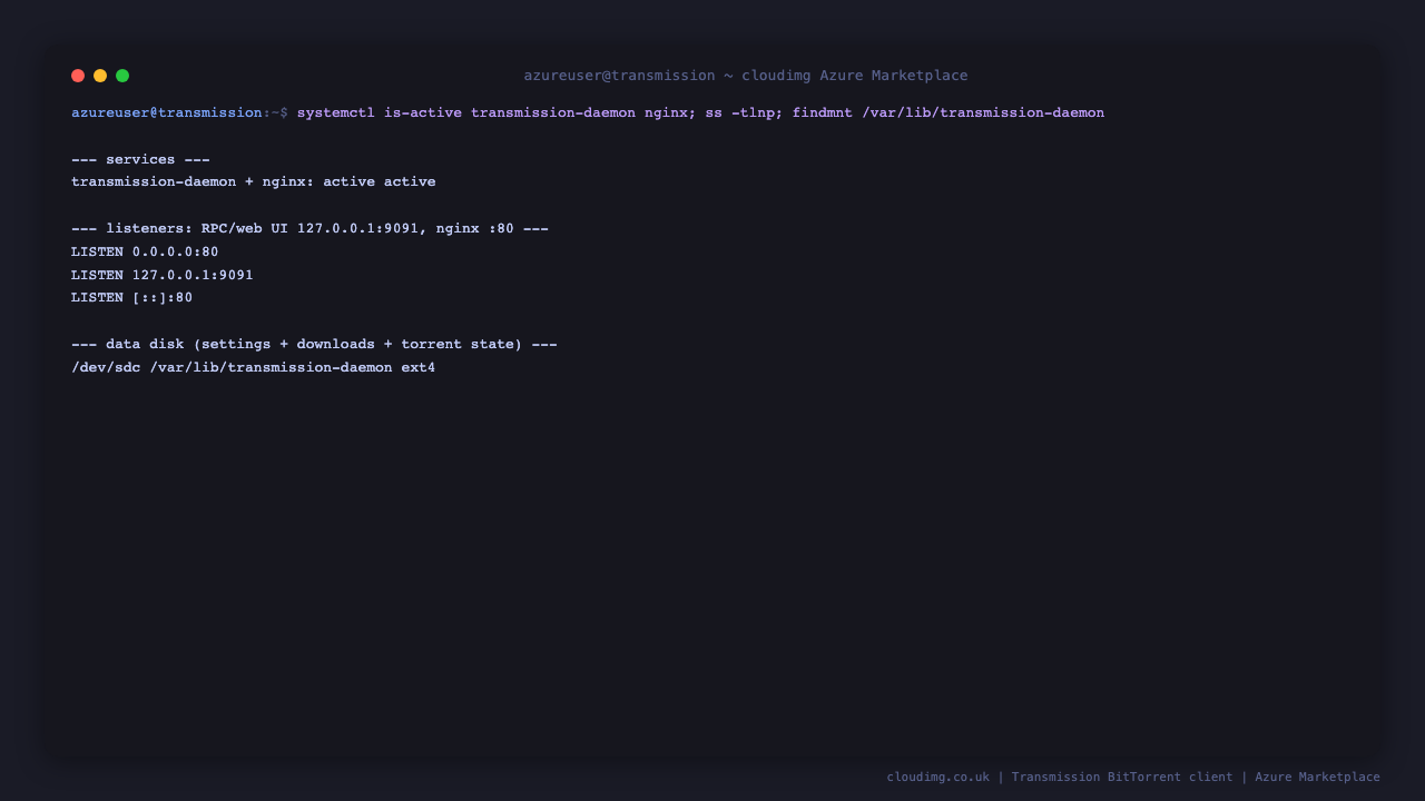 The transmission-daemon and nginx services active, the RPC/web UI listening on loopback port 9091, nginx listening on port 80, and the dedicated data disk mounted at /var/lib/transmission-daemon