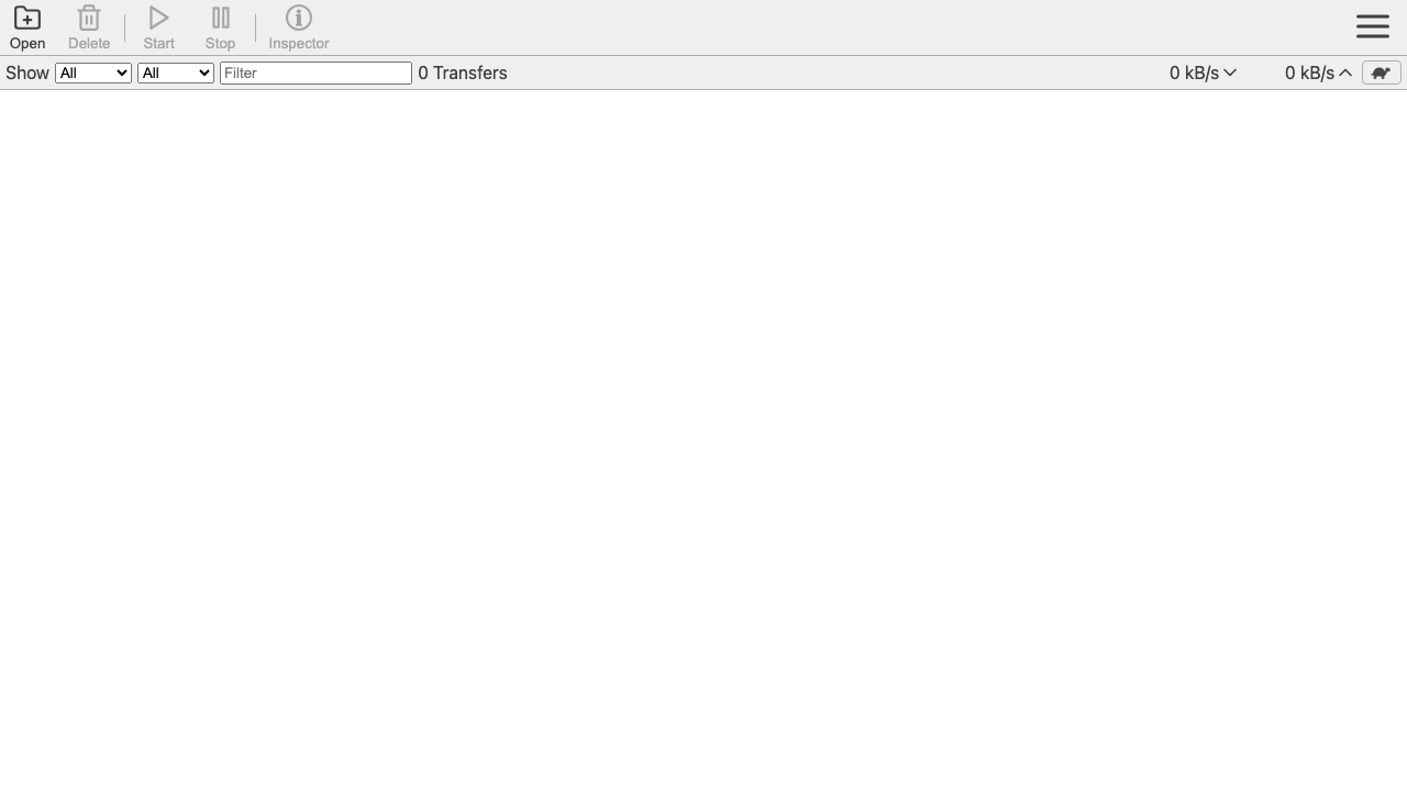 The Transmission web UI signed in via the browser's Basic Auth prompt, showing the empty torrent list toolbar