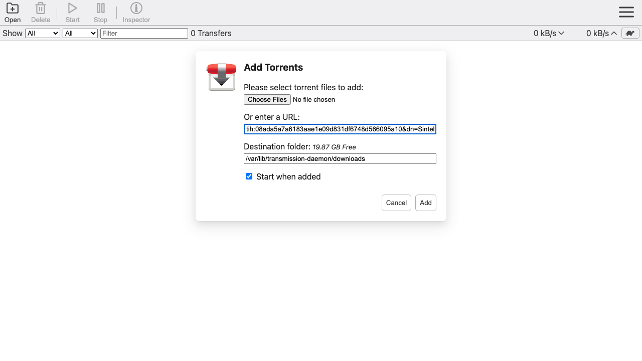 The Transmission add-torrent dialog with a magnet link entered, ready to start the download