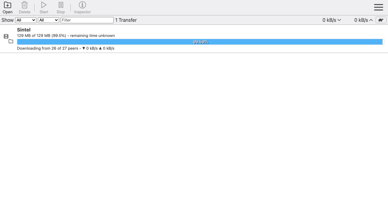 The Transmission torrent list showing an active torrent with progress, transfer speed, peer count and status