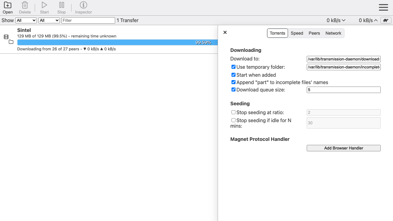 The Transmission settings/preferences panel showing speed limits, download directory and peer configuration