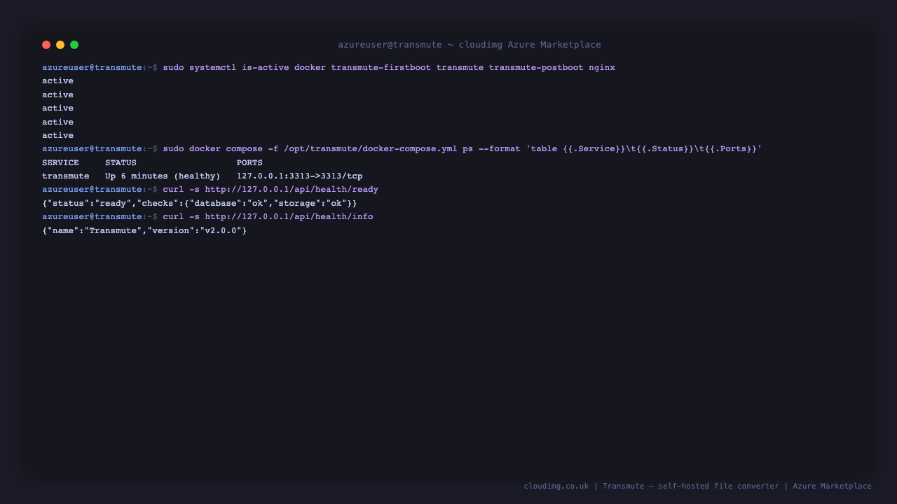 The docker, transmute-firstboot, transmute, transmute-postboot and nginx services all active, the Transmute container healthy and published only to 127.0.0.1:3313, and the readiness endpoint reporting both the database and storage checks as ok